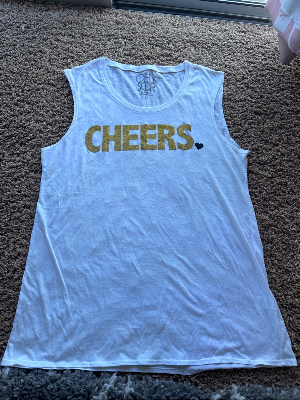 Chaser White Tank with Gold CHEERS Print